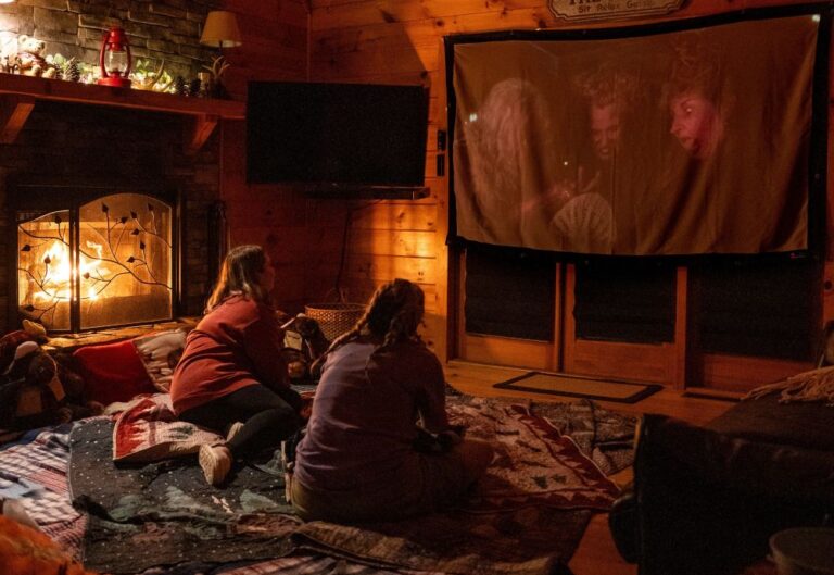 Watching a movie with blankets and an open fire