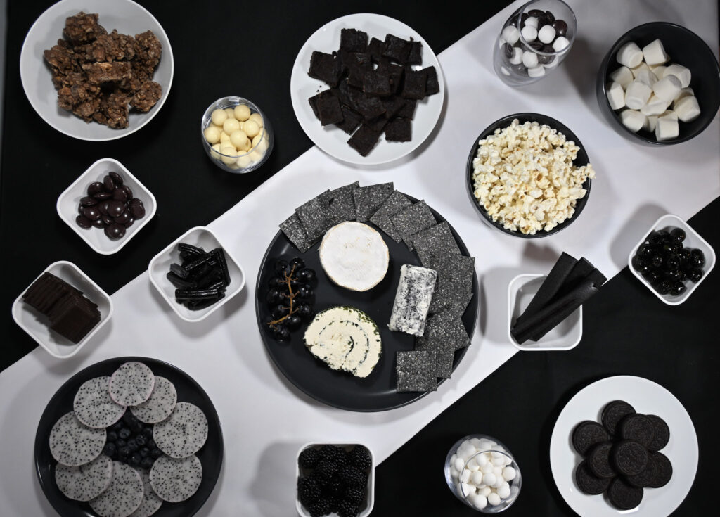Black & White Party Table full of food