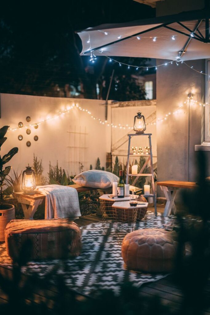 Patio lit by fairy lights