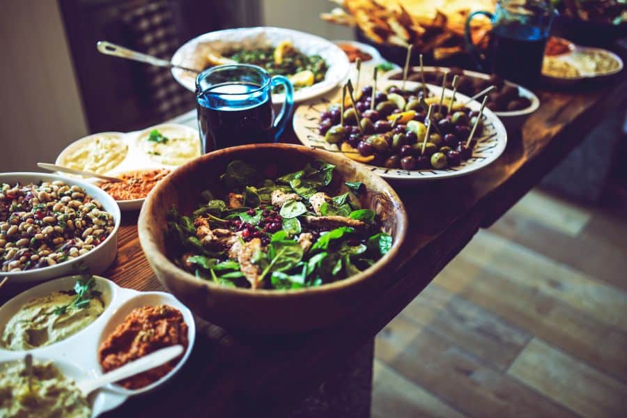 Table spread of Greek foods