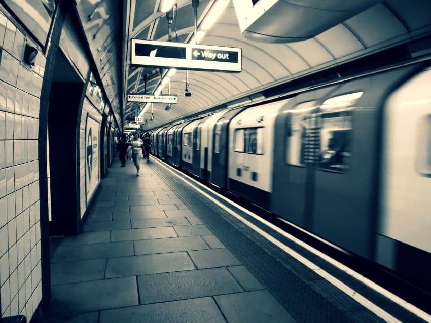 Tube train and platform on the Underground