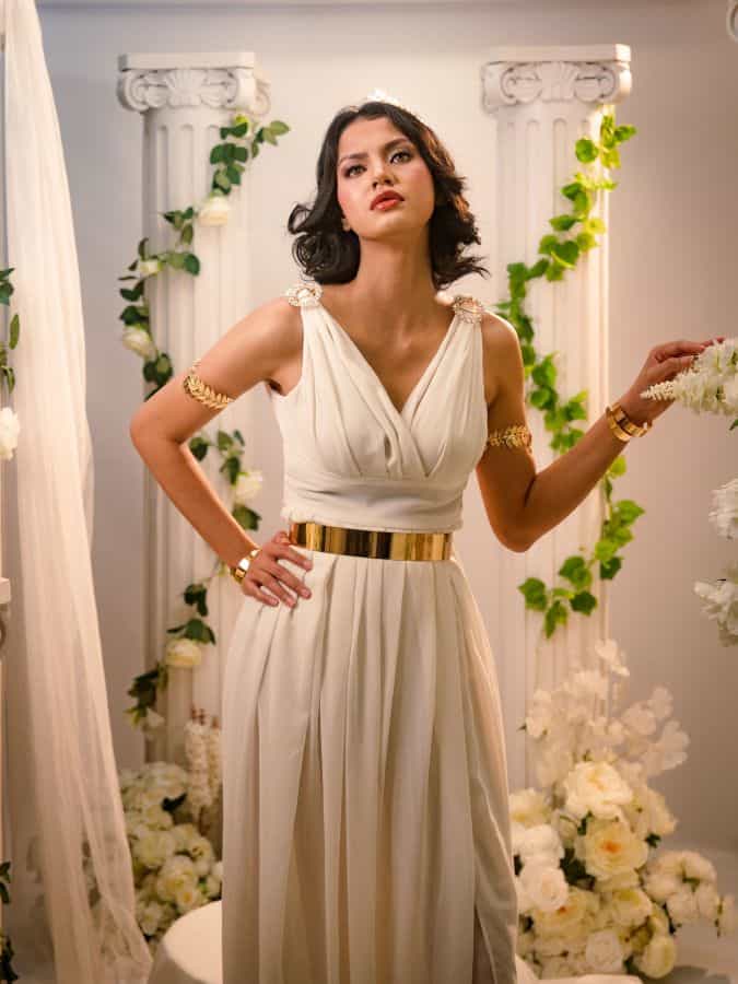 Woman in Greek toga outfit